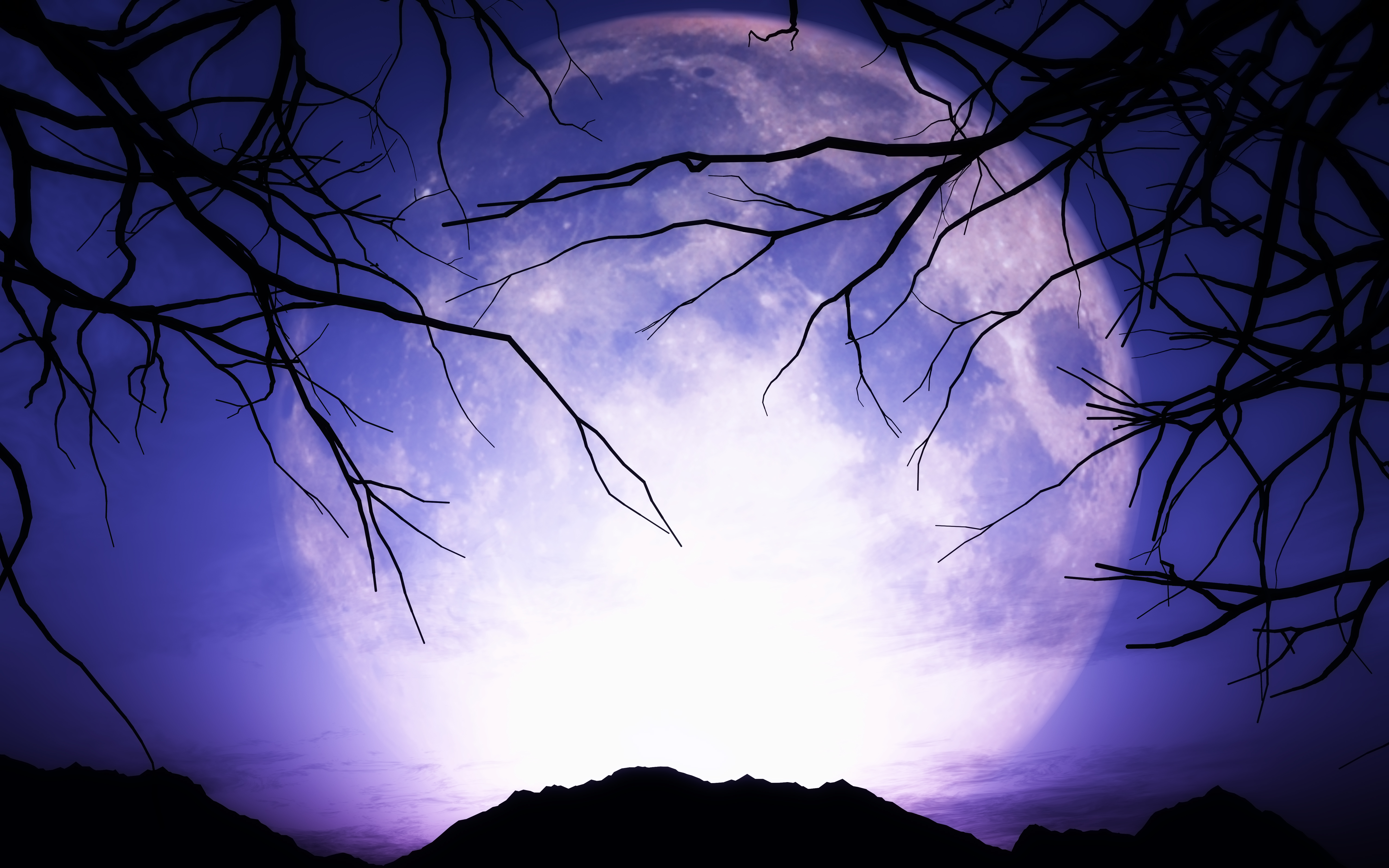 A purple night with a giant moon in the background and leafless trees.